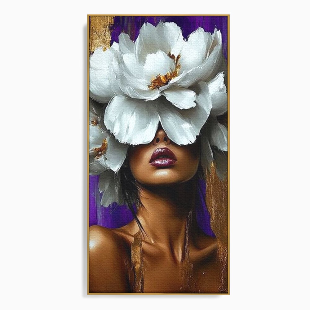 Tablou canvas cu tablou canvas cu femeie si flori albe, in rama de aluminiu auriu